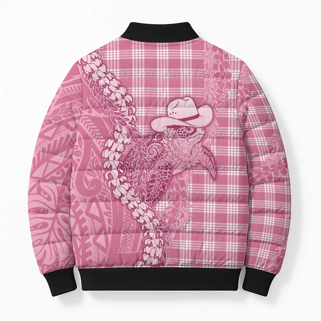 Pink Hawaii Palaka Cowboy Turtle Bomber Puffer Jacket Hawaiian Paniolo Puakenikeni Maile Lei - Polynesian Pride