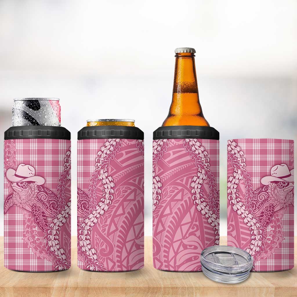 Pink Hawaii Palaka Cowboy Turtle 4 in 1 Can Cooler Tumbler Hawaiian Paniolo Puakenikeni Maile Lei - Polynesian Pride