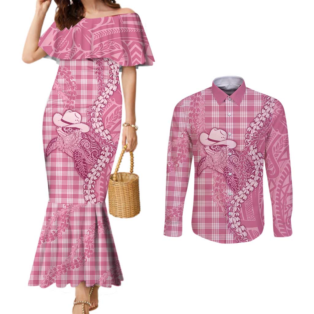 Pink Hawaii Palaka Cowboy Turtle Couples Matching Mermaid Dress and Long Sleeve Button Shirt Hawaiian Paniolo Puakenikeni Maile Lei - Polynesian Pride