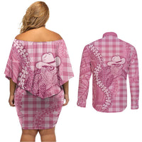 Pink Hawaii Palaka Cowboy Turtle Couples Matching Off Shoulder Short Dress and Long Sleeve Button Shirt Hawaiian Paniolo Puakenikeni Maile Lei - Polynesian Pride
