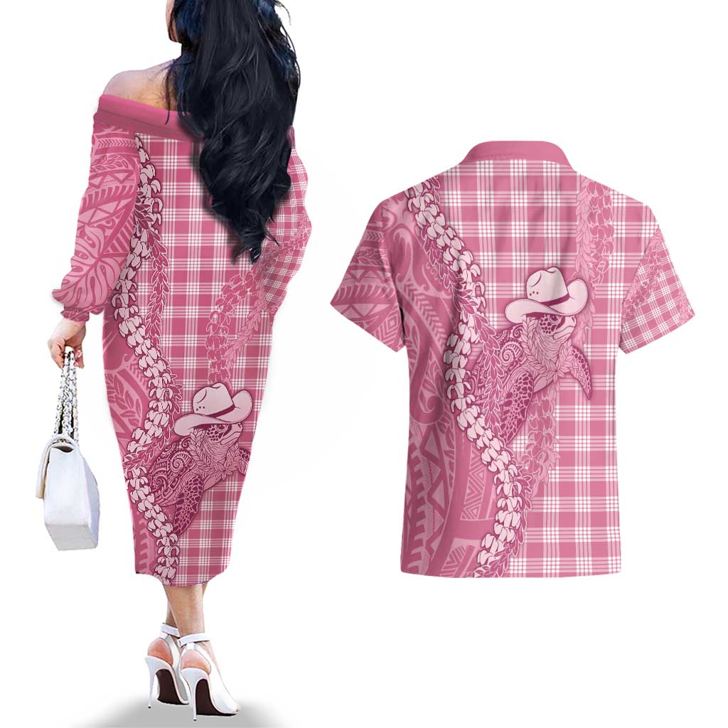 Pink Hawaii Palaka Cowboy Turtle Couples Matching Off The Shoulder Long Sleeve Dress and Hawaiian Shirt Hawaiian Paniolo Puakenikeni Maile Lei - Polynesian Pride