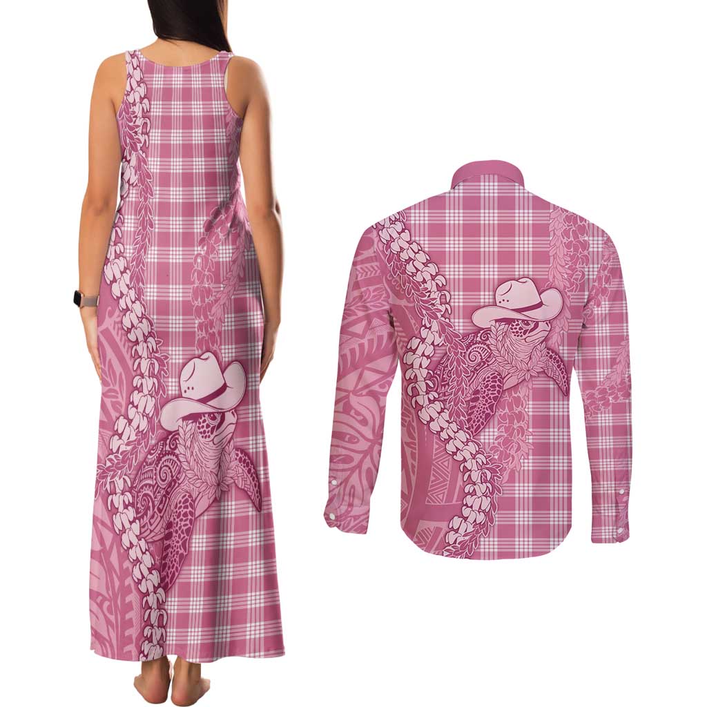 Pink Hawaii Palaka Cowboy Turtle Couples Matching Tank Maxi Dress and Long Sleeve Button Shirt Hawaiian Paniolo Puakenikeni Maile Lei - Polynesian Pride