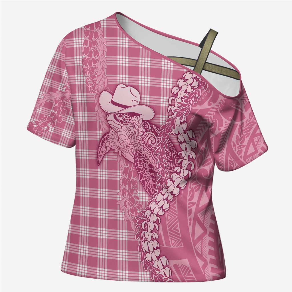 Pink Hawaii Palaka Cowboy Turtle Cross Shoulder Shirt Hawaiian Paniolo Puakenikeni Maile Lei - Polynesian Pride