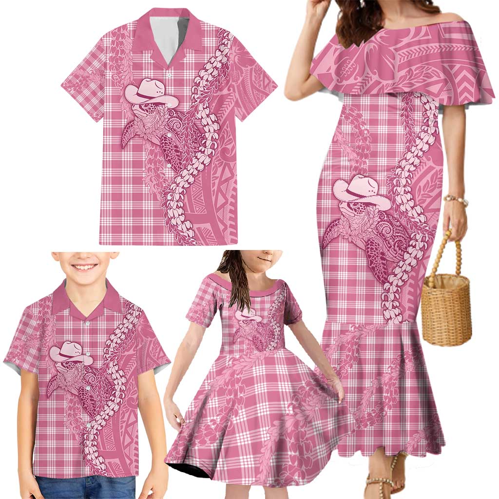 Pink Hawaii Palaka Cowboy Turtle Family Matching Mermaid Dress and Hawaiian Shirt Hawaiian Paniolo Puakenikeni Maile Lei - Polynesian Pride