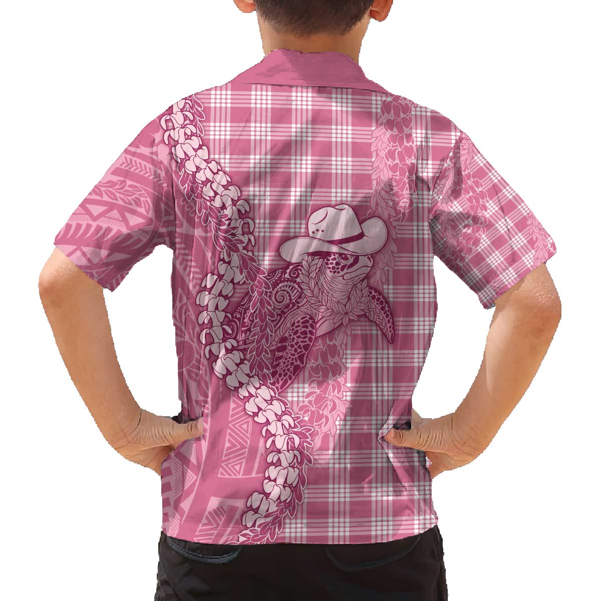 Pink Hawaii Palaka Cowboy Turtle Family Matching Off The Shoulder Long Sleeve Dress and Hawaiian Shirt Hawaiian Paniolo Puakenikeni Maile Lei - Polynesian Pride