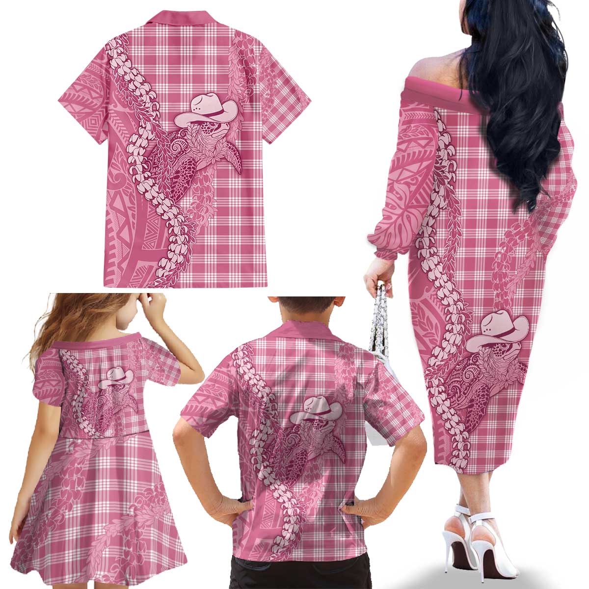 Pink Hawaii Palaka Cowboy Turtle Family Matching Off The Shoulder Long Sleeve Dress and Hawaiian Shirt Hawaiian Paniolo Puakenikeni Maile Lei - Polynesian Pride