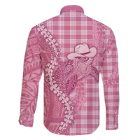 Pink Hawaii Palaka Cowboy Turtle Family Matching Off The Shoulder Long Sleeve Dress and Hawaiian Shirt Hawaiian Paniolo Puakenikeni Maile Lei - Polynesian Pride