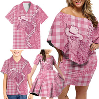 Pink Hawaii Palaka Cowboy Turtle Family Matching Off Shoulder Short Dress and Hawaiian Shirt Hawaiian Paniolo Puakenikeni Maile Lei - Polynesian Pride