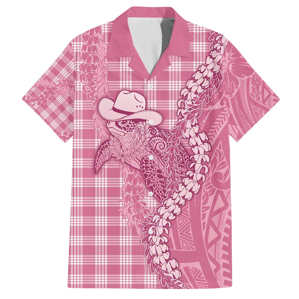 Pink Hawaii Palaka Cowboy Turtle Family Matching Puletasi and Hawaiian Shirt Hawaiian Paniolo Puakenikeni Maile Lei - Polynesian Pride