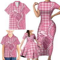 Pink Hawaii Palaka Cowboy Turtle Family Matching Short Sleeve Bodycon Dress and Hawaiian Shirt Hawaiian Paniolo Puakenikeni Maile Lei - Polynesian Pride