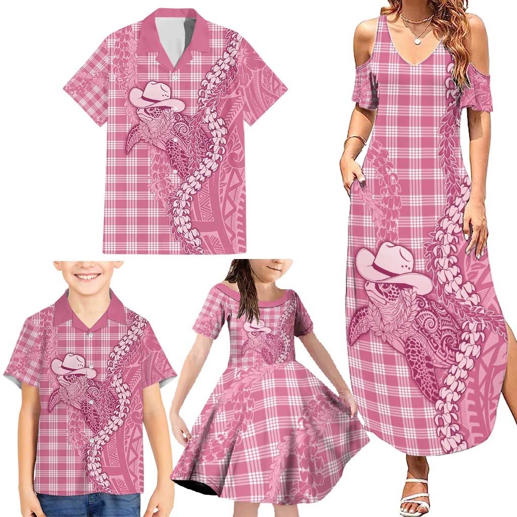 Pink Hawaii Palaka Cowboy Turtle Family Matching Summer Maxi Dress and Hawaiian Shirt Hawaiian Paniolo Puakenikeni Maile Lei - Polynesian Pride