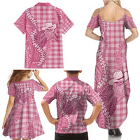 Pink Hawaii Palaka Cowboy Turtle Family Matching Summer Maxi Dress and Hawaiian Shirt Hawaiian Paniolo Puakenikeni Maile Lei - Polynesian Pride