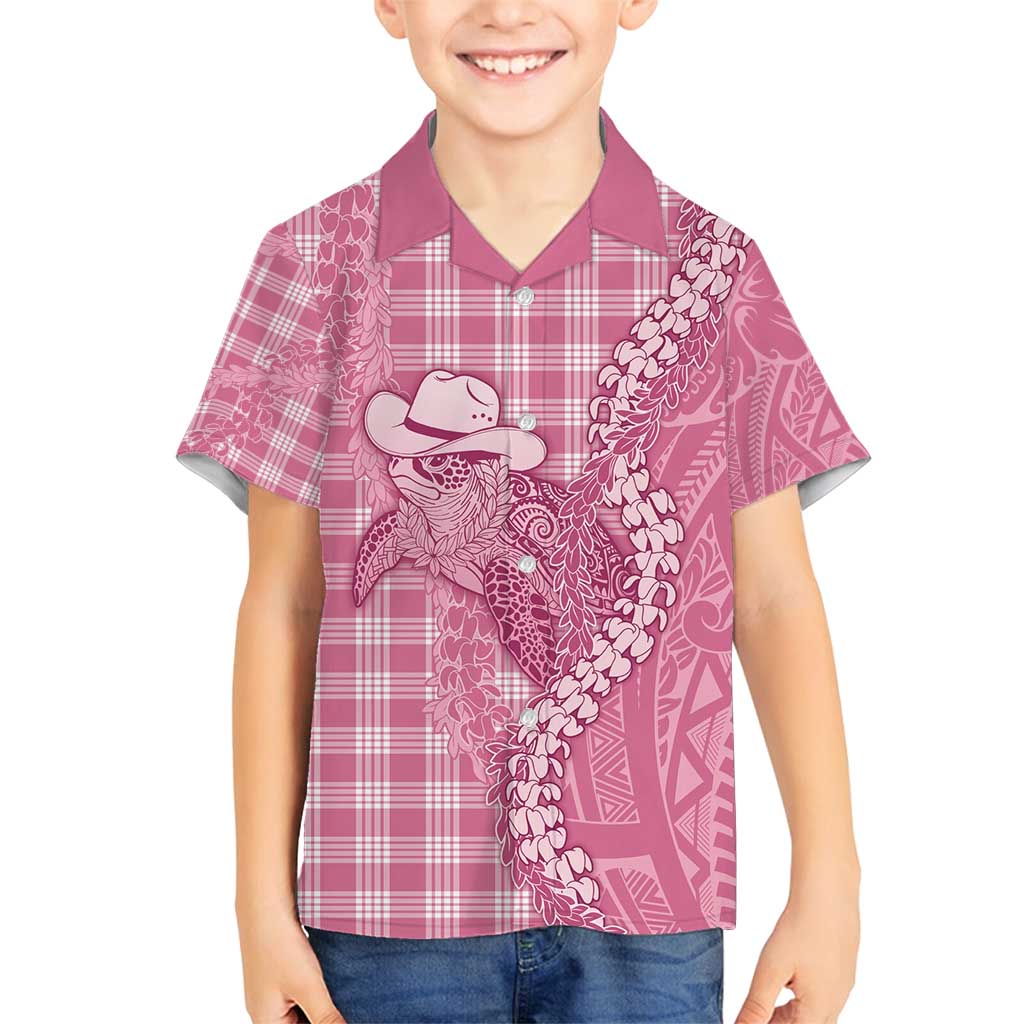 Pink Hawaii Palaka Cowboy Turtle Family Matching Summer Maxi Dress and Hawaiian Shirt Hawaiian Paniolo Puakenikeni Maile Lei - Polynesian Pride