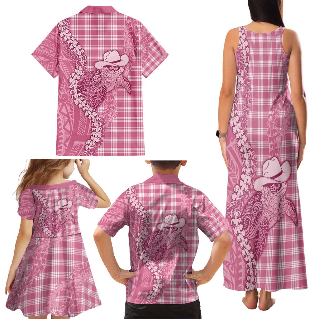 Pink Hawaii Palaka Cowboy Turtle Family Matching Tank Maxi Dress and Hawaiian Shirt Hawaiian Paniolo Puakenikeni Maile Lei - Polynesian Pride