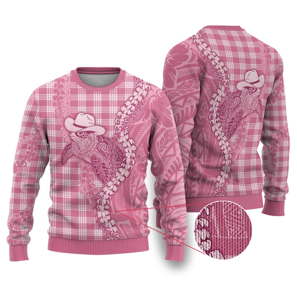 Pink Hawaii Palaka Cowboy Turtle Ugly Christmas Sweater Hawaiian Paniolo Puakenikeni Maile Lei - Polynesian Pride