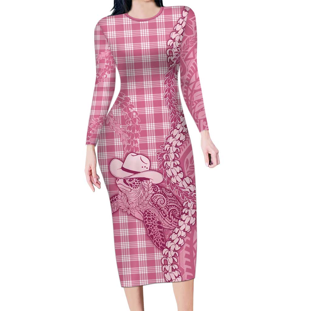 Pink Hawaii Palaka Cowboy Turtle Long Sleeve Bodycon Dress Hawaiian Paniolo Puakenikeni Maile Lei - Polynesian Pride