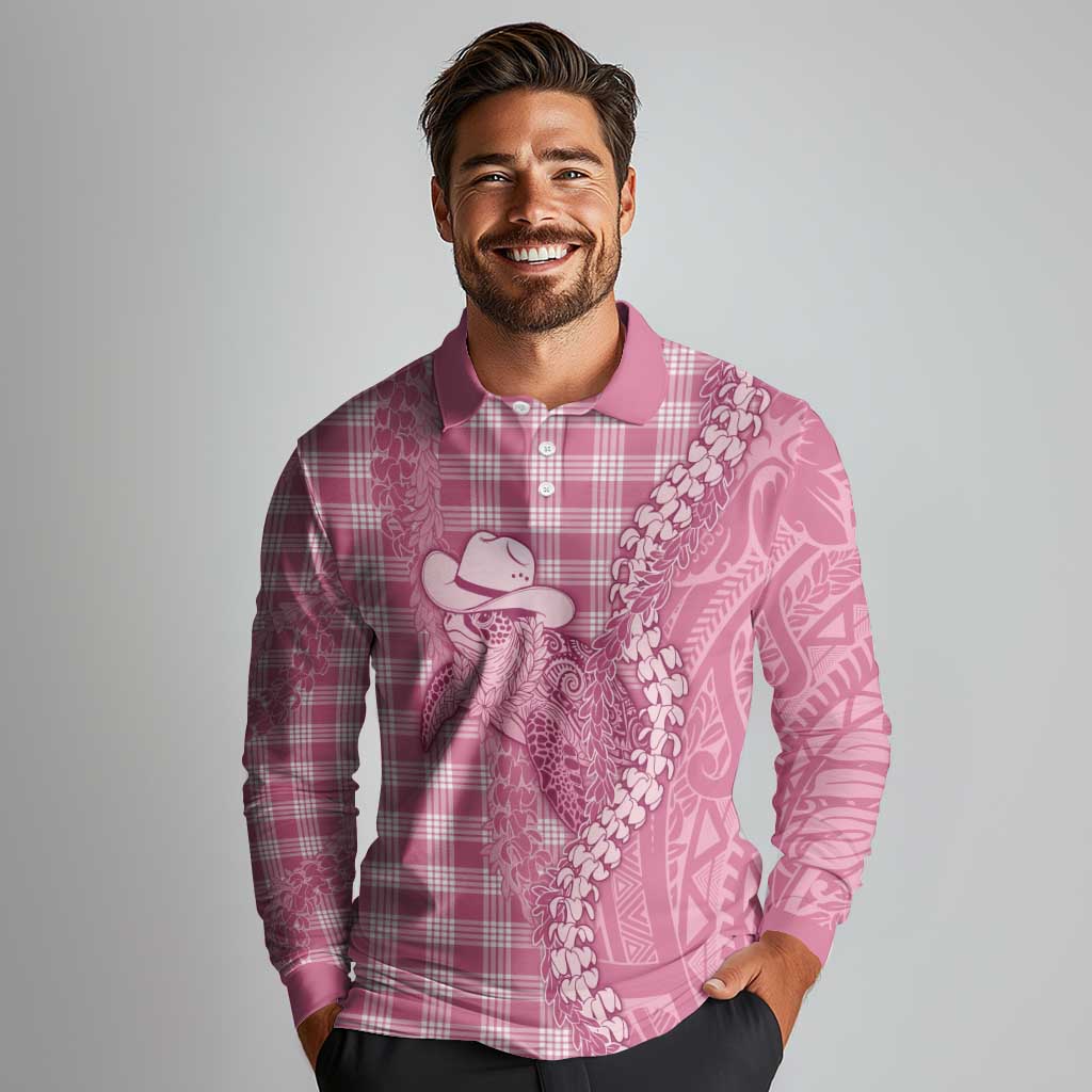 Pink Hawaii Palaka Cowboy Turtle Long Sleeve Polo Shirt Hawaiian Paniolo Puakenikeni Maile Lei - Polynesian Pride