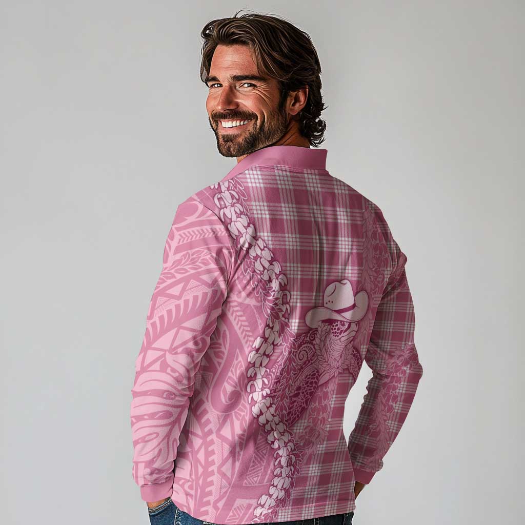 Pink Hawaii Palaka Cowboy Turtle Long Sleeve Polo Shirt Hawaiian Paniolo Puakenikeni Maile Lei - Polynesian Pride
