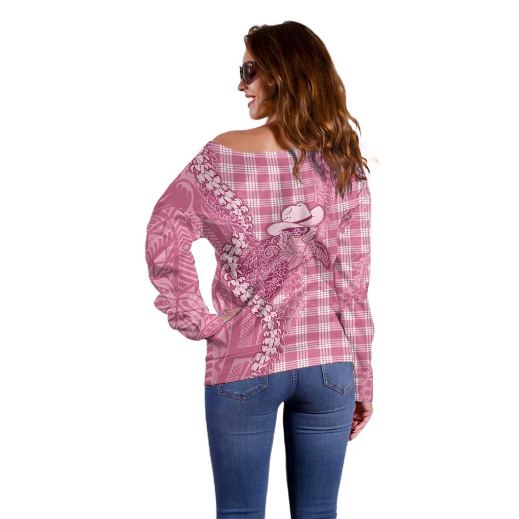 Pink Hawaii Palaka Cowboy Turtle Off Shoulder Sweater Hawaiian Paniolo Puakenikeni Maile Lei - Polynesian Pride
