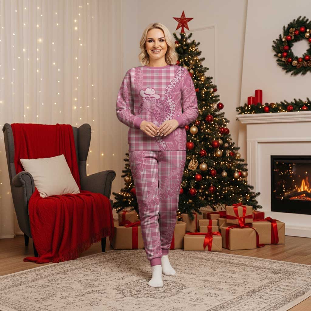 Pink Hawaii Palaka Cowboy Turtle Christmas Pajama Set Hawaiian Paniolo Puakenikeni Maile Lei - Polynesian Pride