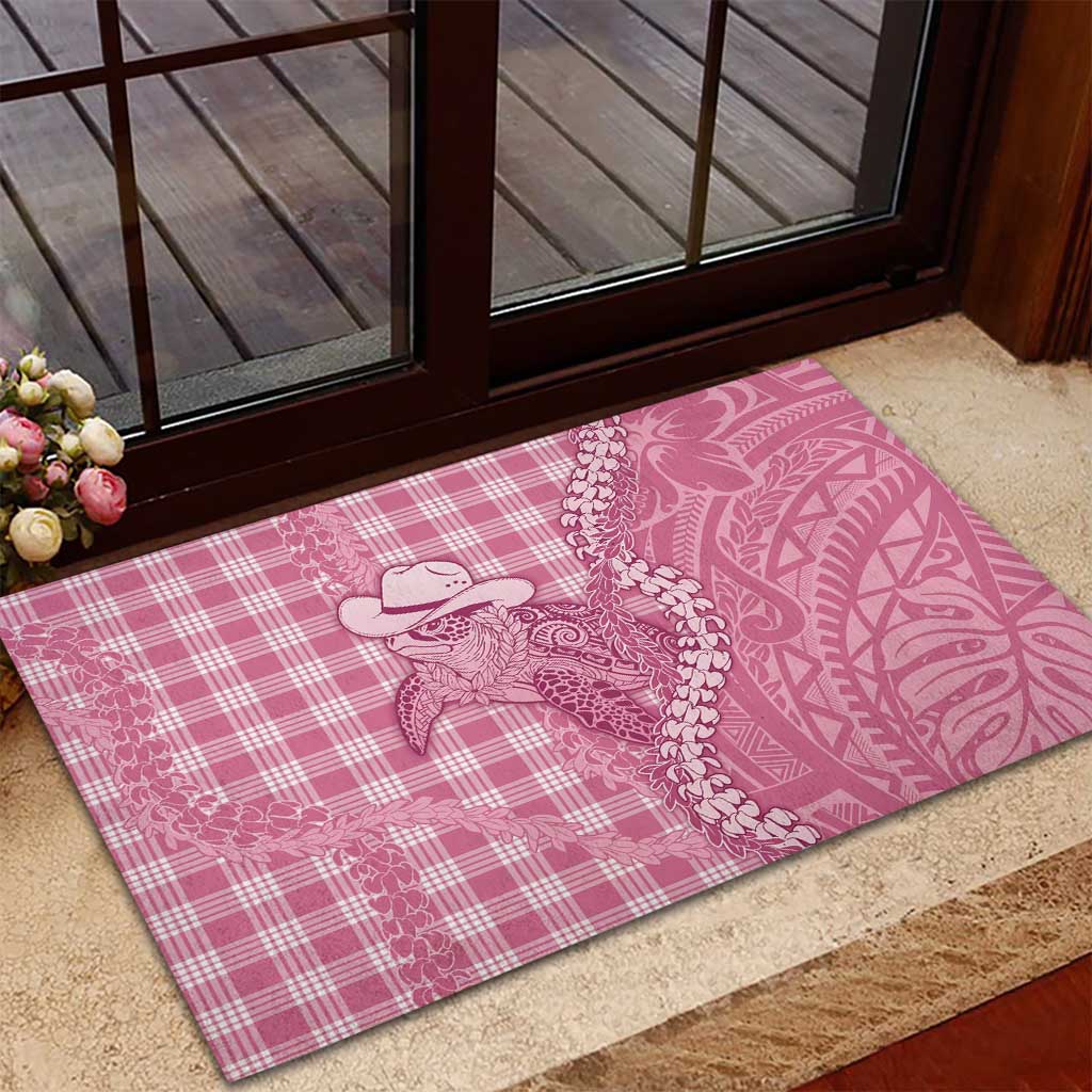 Pink Hawaii Palaka Cowboy Turtle Rubber Doormat Hawaiian Paniolo Puakenikeni Maile Lei - Polynesian Pride