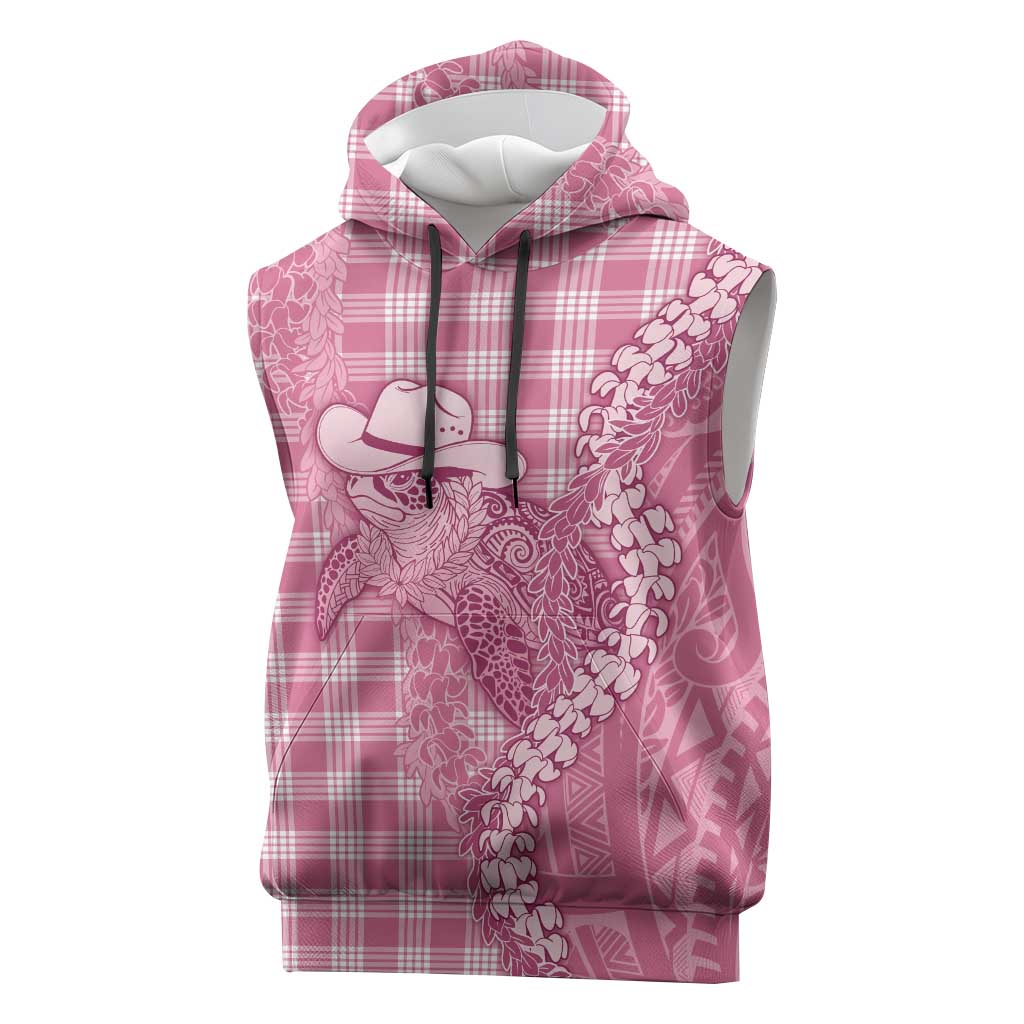 Pink Hawaii Palaka Cowboy Turtle Sleeveless Hoodie Hawaiian Paniolo Puakenikeni Maile Lei - Polynesian Pride