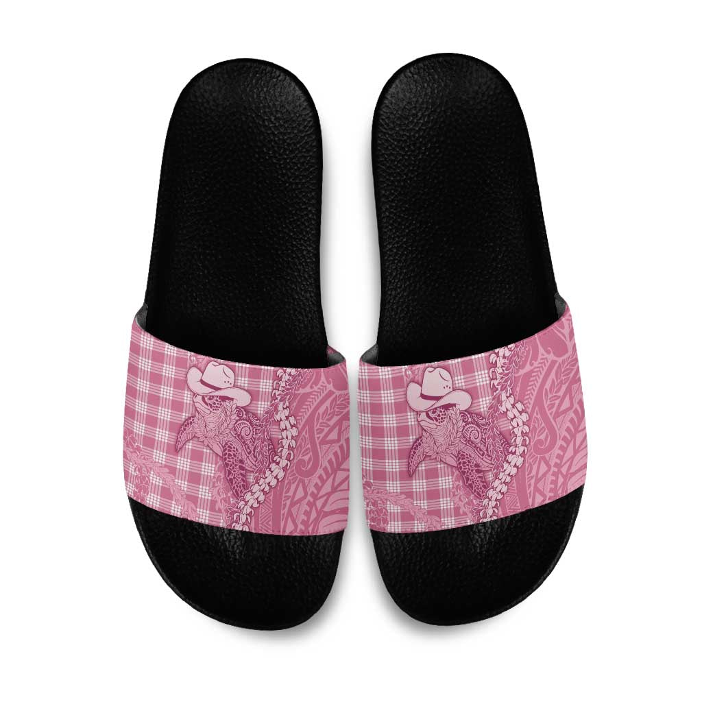Pink Hawaii Palaka Cowboy Turtle Slide Sandals Hawaiian Paniolo Puakenikeni Maile Lei - Polynesian Pride