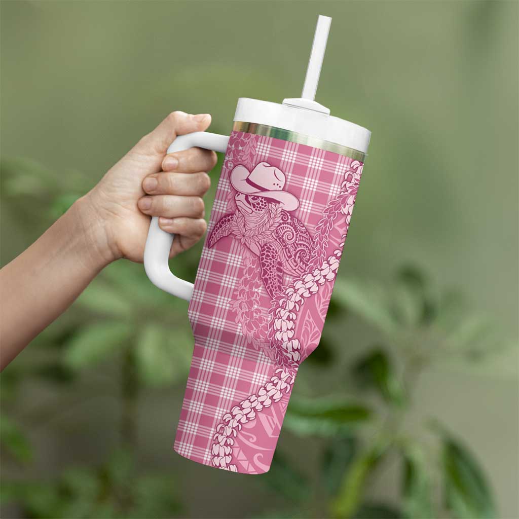 Pink Hawaii Palaka Cowboy Turtle Tumbler With Handle Hawaiian Paniolo Puakenikeni Maile Lei - Polynesian Pride