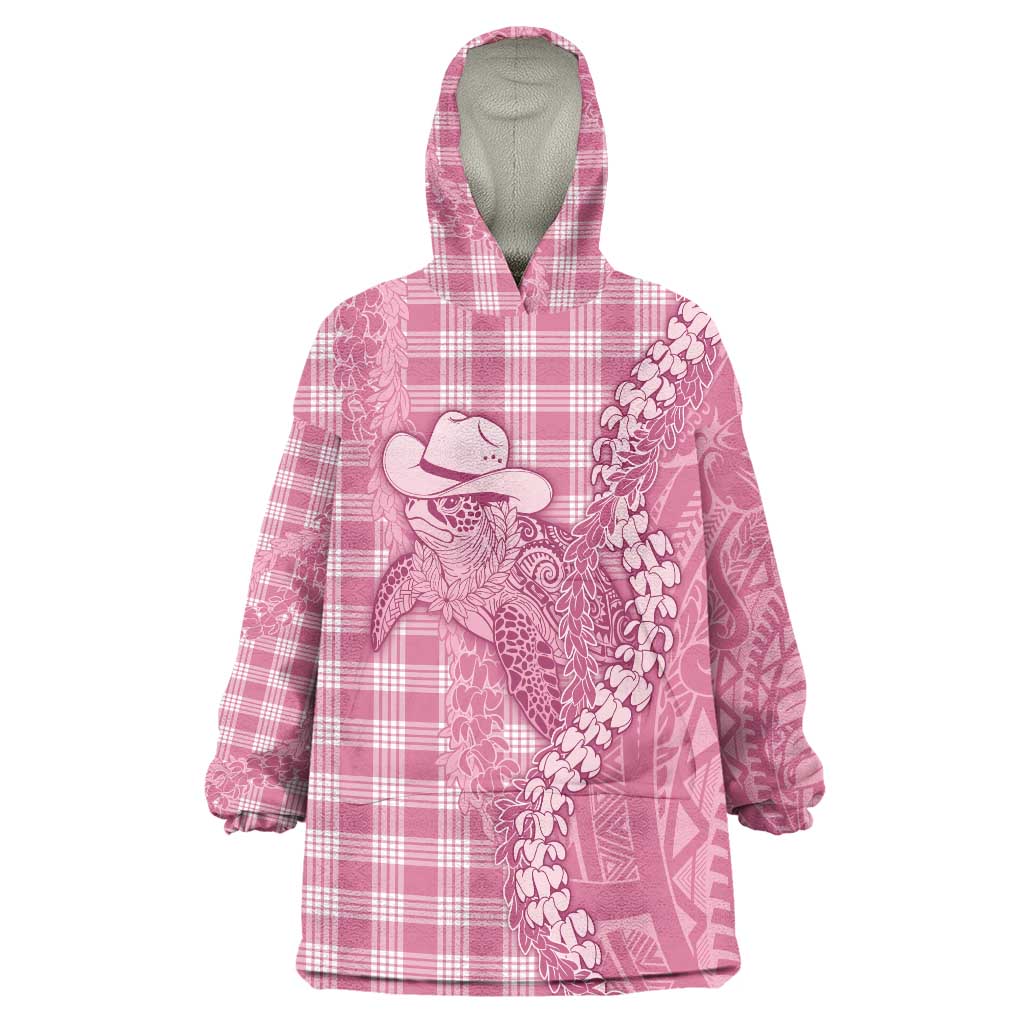 Pink Hawaii Palaka Cowboy Turtle Wearable Blanket Hoodie Hawaiian Paniolo Puakenikeni Maile Lei - Polynesian Pride