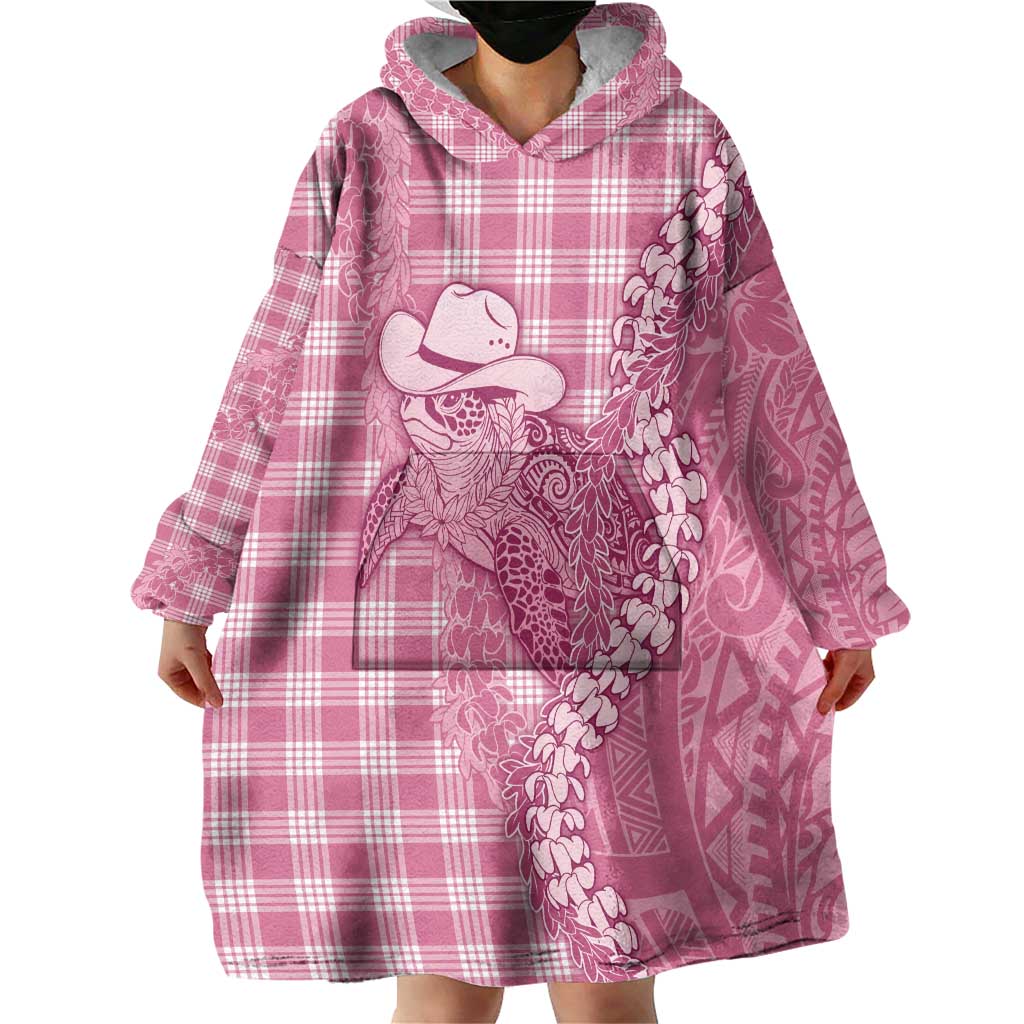 Pink Hawaii Palaka Cowboy Turtle Wearable Blanket Hoodie Hawaiian Paniolo Puakenikeni Maile Lei - Polynesian Pride