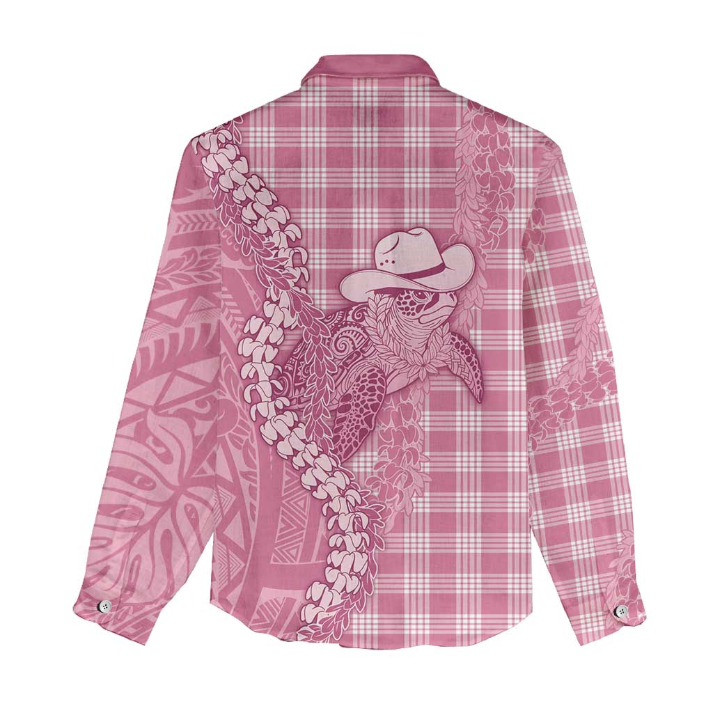 Pink Hawaii Palaka Cowboy Turtle Women Casual Shirt Hawaiian Paniolo Puakenikeni Maile Lei - Polynesian Pride