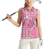 Pink Hawaii Palaka Cowboy Turtle Women Sleeveless Polo Shirt Hawaiian Paniolo Puakenikeni Maile Lei - Polynesian Pride