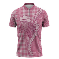 Pink Hawaii Palaka Cowboy Turtle Zipper Polo Shirt Hawaiian Paniolo Puakenikeni Maile Lei - Polynesian Pride
