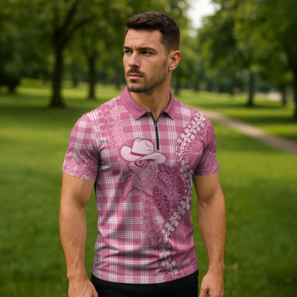 Pink Hawaii Palaka Cowboy Turtle Zipper Polo Shirt Hawaiian Paniolo Puakenikeni Maile Lei - Polynesian Pride