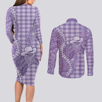 Purple Hawaii Palaka Cowboy Turtle Couples Matching Long Sleeve Bodycon Dress and Long Sleeve Button Shirt Hawaiian Paniolo Puakenikeni Maile Lei - Polynesian Pride
