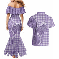Purple Hawaii Palaka Cowboy Turtle Couples Matching Mermaid Dress and Hawaiian Shirt Hawaiian Paniolo Puakenikeni Maile Lei - Polynesian Pride
