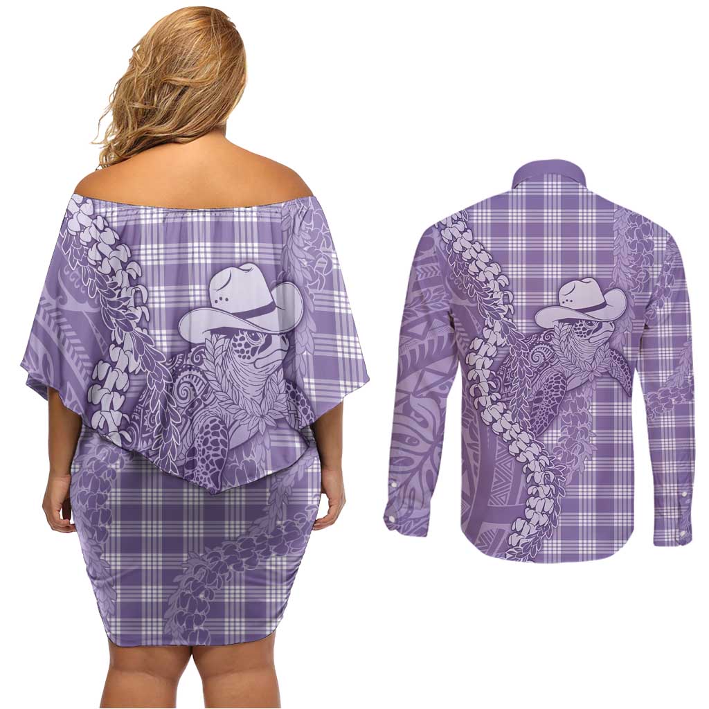 Purple Hawaii Palaka Cowboy Turtle Couples Matching Off Shoulder Short Dress and Long Sleeve Button Shirt Hawaiian Paniolo Puakenikeni Maile Lei - Polynesian Pride