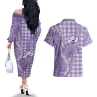 Purple Hawaii Palaka Cowboy Turtle Couples Matching Off The Shoulder Long Sleeve Dress and Hawaiian Shirt Hawaiian Paniolo Puakenikeni Maile Lei - Polynesian Pride