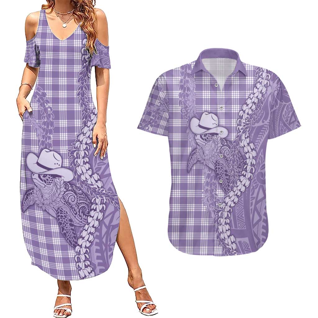 Purple Hawaii Palaka Cowboy Turtle Couples Matching Summer Maxi Dress and Hawaiian Shirt Hawaiian Paniolo Puakenikeni Maile Lei - Polynesian Pride