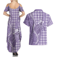 Purple Hawaii Palaka Cowboy Turtle Couples Matching Summer Maxi Dress and Hawaiian Shirt Hawaiian Paniolo Puakenikeni Maile Lei - Polynesian Pride