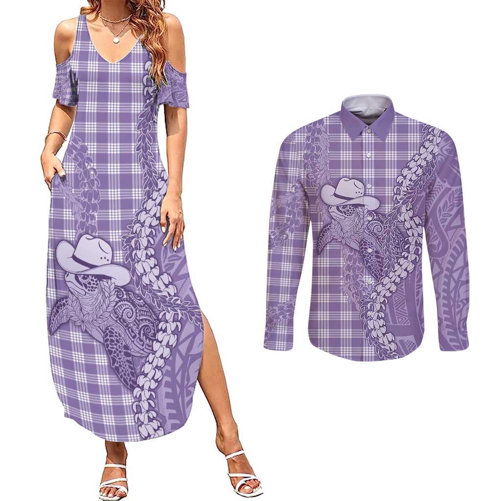 Purple Hawaii Palaka Cowboy Turtle Couples Matching Summer Maxi Dress and Long Sleeve Button Shirt Hawaiian Paniolo Puakenikeni Maile Lei - Polynesian Pride