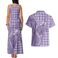 Purple Hawaii Palaka Cowboy Turtle Couples Matching Tank Maxi Dress and Hawaiian Shirt Hawaiian Paniolo Puakenikeni Maile Lei - Polynesian Pride