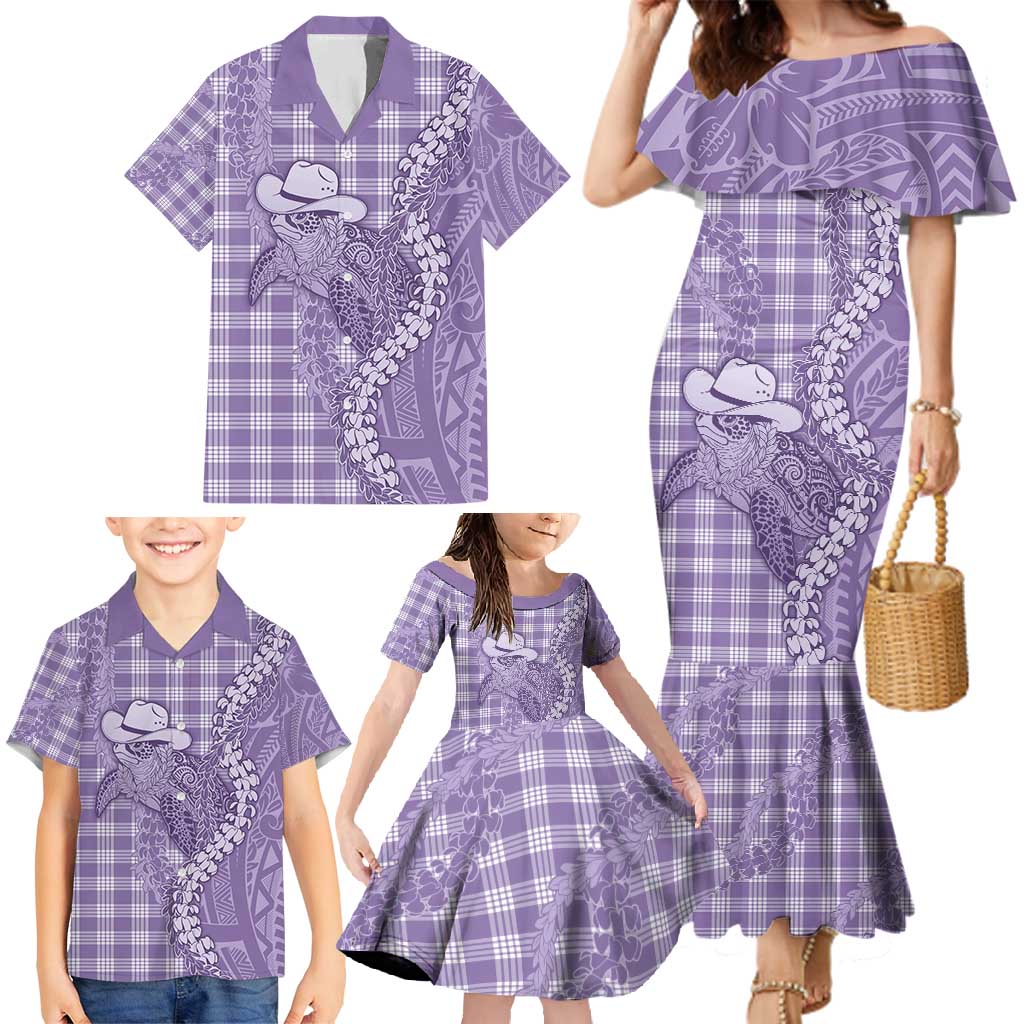Purple Hawaii Palaka Cowboy Turtle Family Matching Mermaid Dress and Hawaiian Shirt Hawaiian Paniolo Puakenikeni Maile Lei - Polynesian Pride