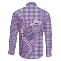 Purple Hawaii Palaka Cowboy Turtle Family Matching Off The Shoulder Long Sleeve Dress and Hawaiian Shirt Hawaiian Paniolo Puakenikeni Maile Lei - Polynesian Pride