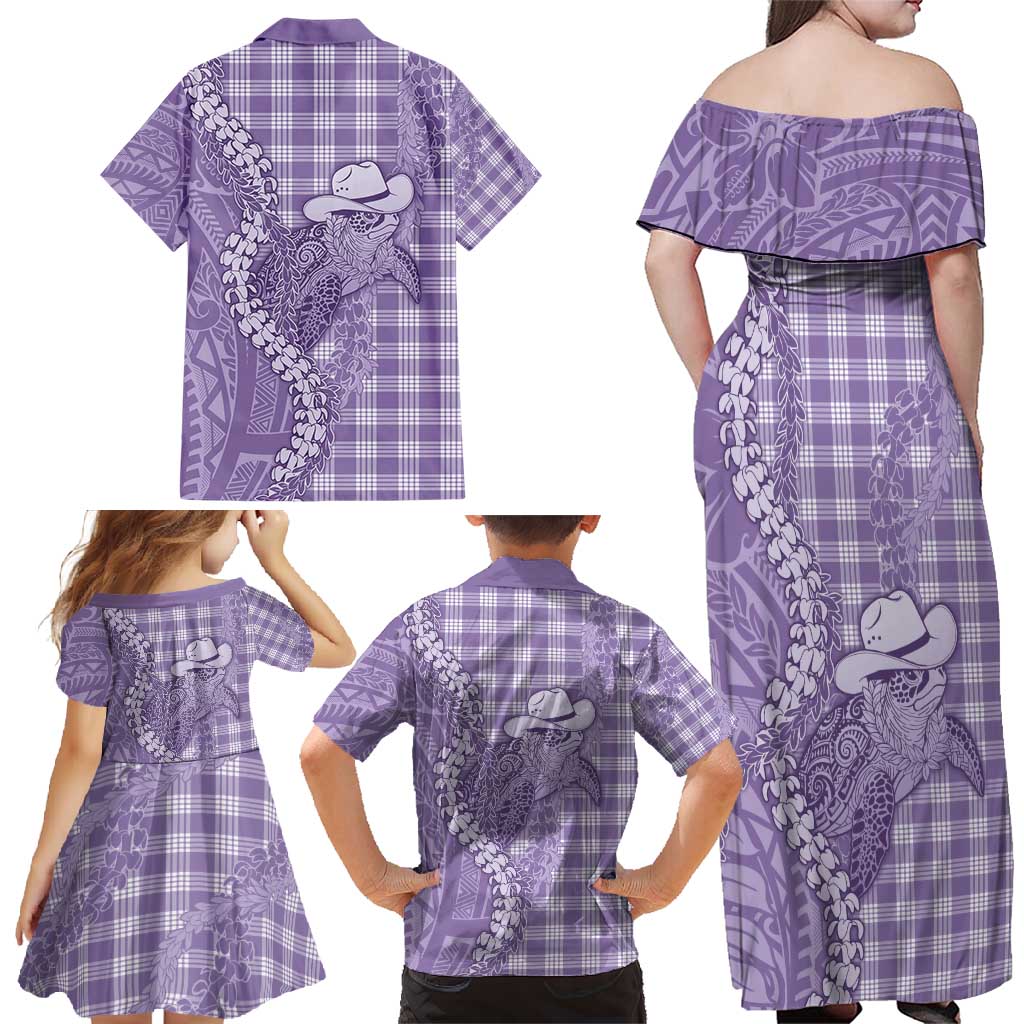 Purple Hawaii Palaka Cowboy Turtle Family Matching Off Shoulder Maxi Dress and Hawaiian Shirt Hawaiian Paniolo Puakenikeni Maile Lei - Polynesian Pride