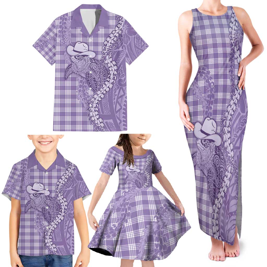 Purple Hawaii Palaka Cowboy Turtle Family Matching Tank Maxi Dress and Hawaiian Shirt Hawaiian Paniolo Puakenikeni Maile Lei - Polynesian Pride