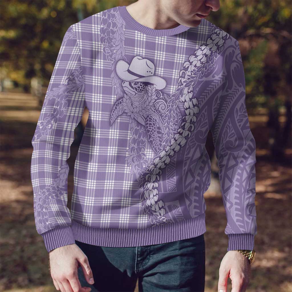 Purple Hawaii Palaka Cowboy Turtle Ugly Christmas Sweater Hawaiian Paniolo Puakenikeni Maile Lei - Polynesian Pride