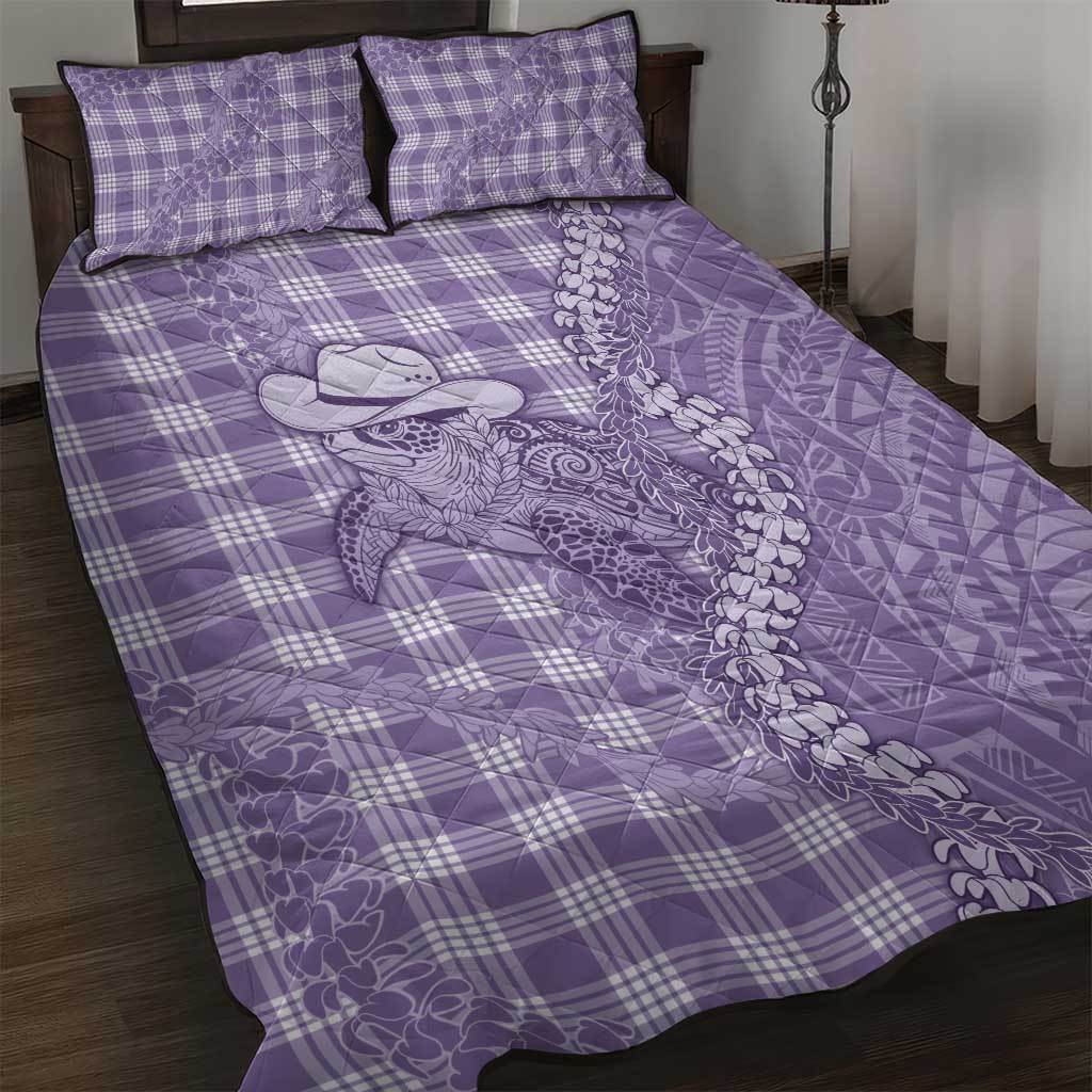 Purple Hawaii Palaka Cowboy Turtle Quilt Bed Set Hawaiian Paniolo Puakenikeni Maile Lei - Polynesian Pride