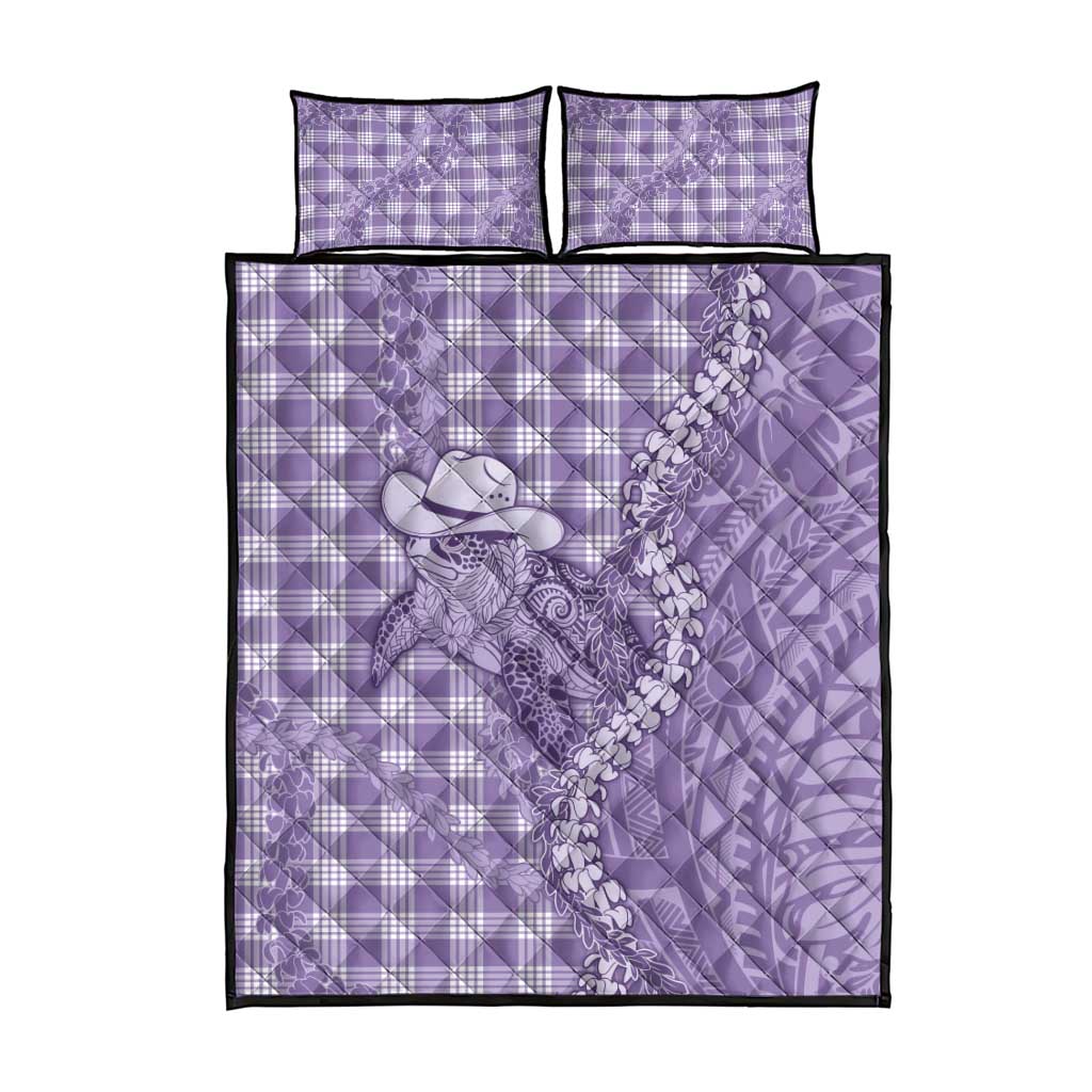 Purple Hawaii Palaka Cowboy Turtle Quilt Bed Set Hawaiian Paniolo Puakenikeni Maile Lei - Polynesian Pride