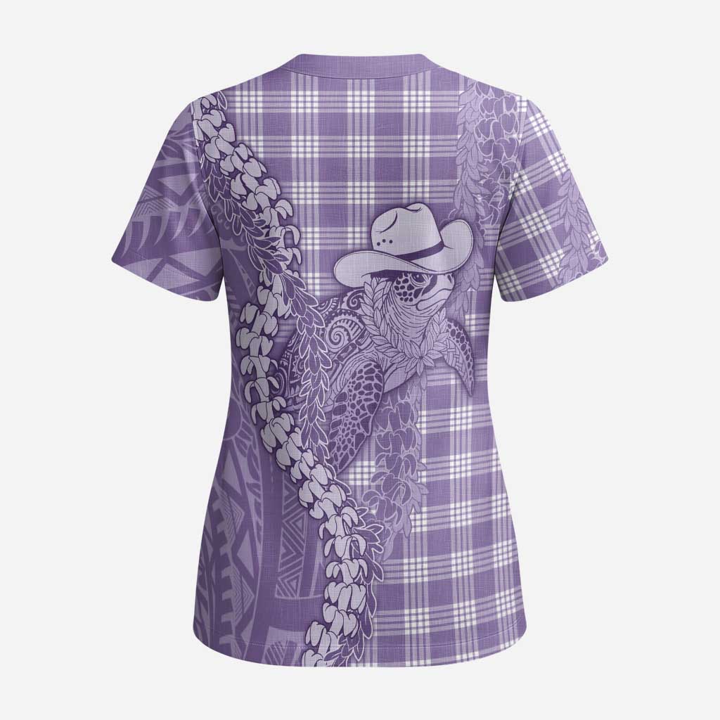 Purple Hawaii Palaka Cowboy Turtle Scrub Top Hawaiian Paniolo Puakenikeni Maile Lei - Polynesian Pride
